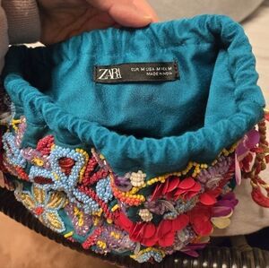 Zara Teal Embroidered Beaded Floral Cinched Pouch Bag